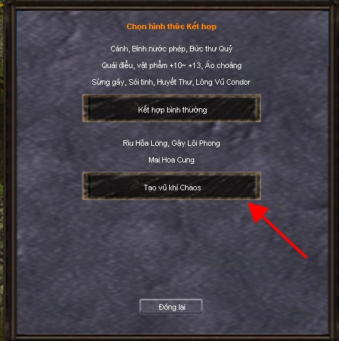 Menu Goblin Chaos — chọn Tạo vũ khí Chaos