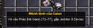 Tooltip vé Mệnh lệnh của Gaion: Vé vào Pháo Đài Gaion (T2–T7), gặp Jerinter ở Devias