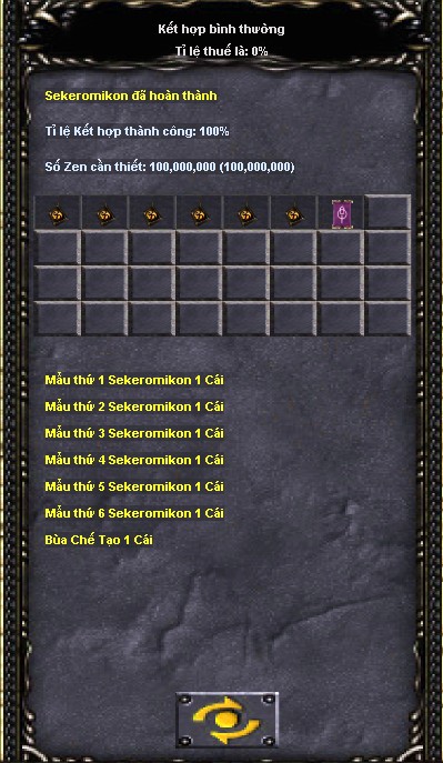 Bảng Kết hợp bình thường ở Goblin Chaos: Sekeromikon đã hoàn thành, 100%, 100.000.000 Zen, nguyên liệu Mẫu thứ 1 đến 6 Sekeromikon và Bùa Chế Tạo