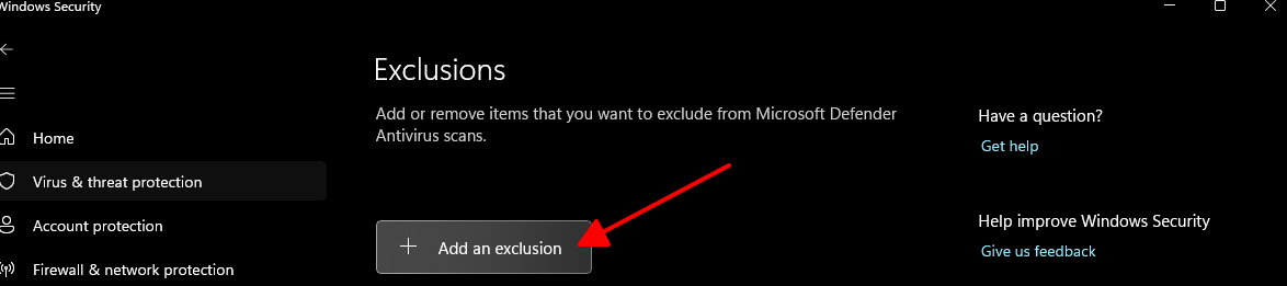 Màn hình Exclusions của Windows Security với nút Add an exclusion