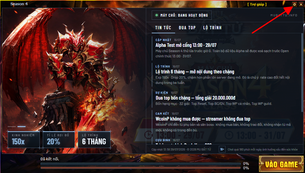 Launcher MU Bất Tử với mũi tên chỉ vào nút Trợ giúp góc trên bên phải