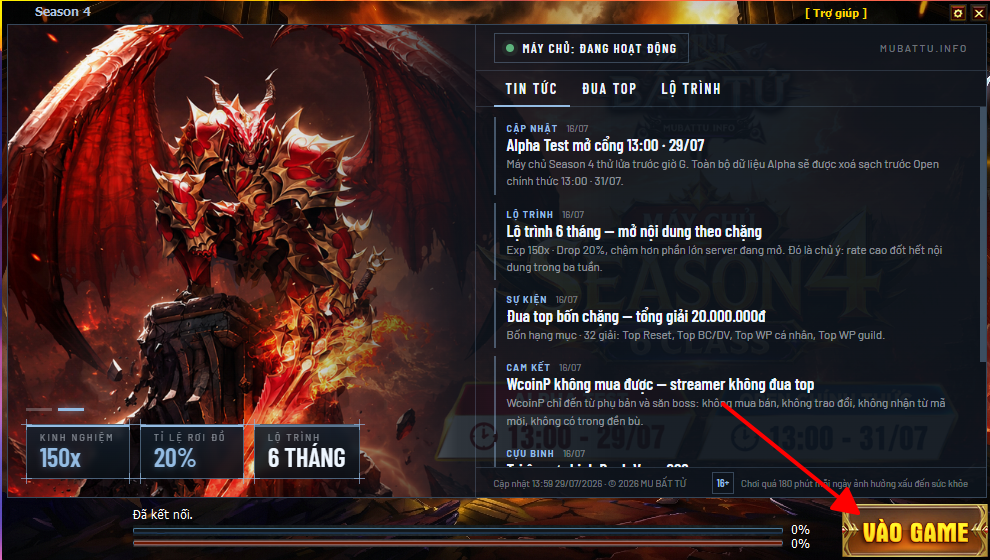 Launcher MU Bất Tử với mũi tên chỉ vào nút VÀO GAME