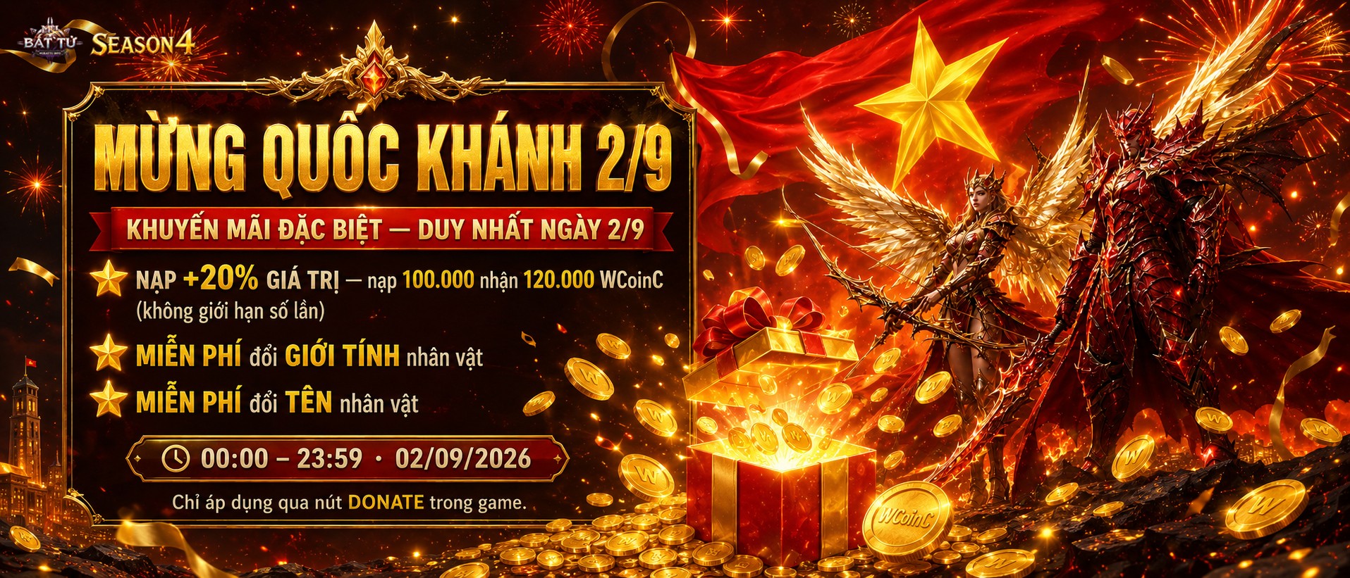 Mừng Quốc Khánh 2/9 — Ưu đãi đặc biệt tại MU Bất Tử Season 4: nạp +20%, miễn phí đổi tên và giới tính nhân vật