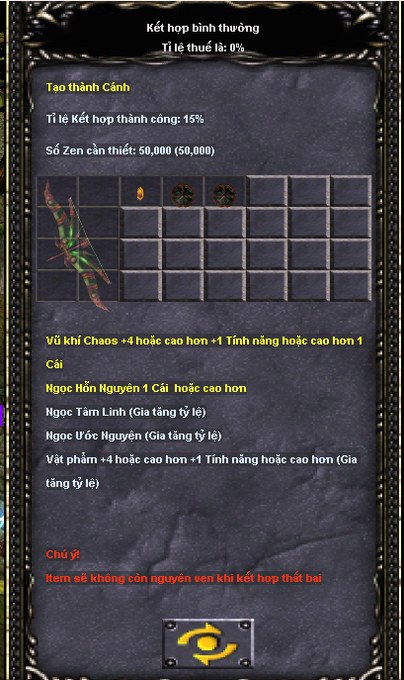 Bảng Tạo thành Cánh — tỉ lệ 15%, cần Vũ khí Chaos + Ngọc Hỗn Nguyên
