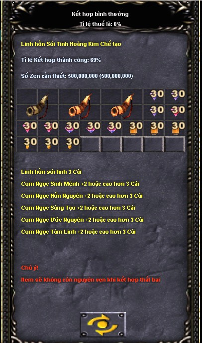 Bảng Máy Chaos: Linh hồn Sói Tinh Hoàng Kim Chế tạo, tỉ lệ 69%, 500.000.000 zen